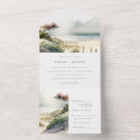 Elegante Schemerige Kust Zand Strand Zeelandschap All In One Uitnodiging (Binnen)