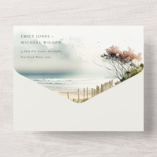 Elegante Schemerige Kust Zand Strand Zeelandschap All In One Uitnodiging (Achterkant)