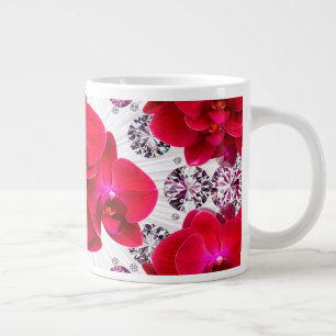 Elegante schikking van rode orchideeën grote koffiekop
