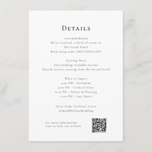 Elegante schone bruiloft details qr code informatiekaartje (Voorkant)