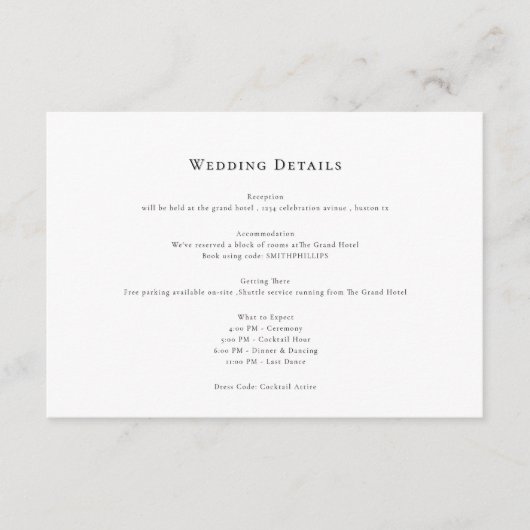 Elegante schone minimale huwelijksdetails informatiekaartje (Voorkant)