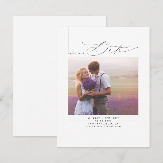 Elegante schone minimalist Bewaar de datumfoto Save The Date (Voorkant / Achterkant)
