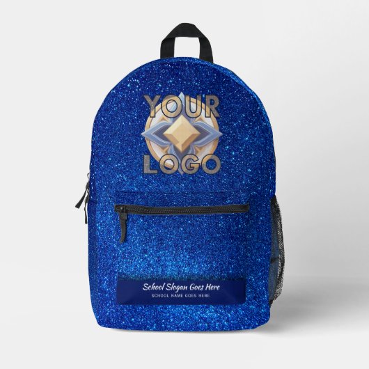 Elegante School Logo Navy Blue Glitter Slogan Bran Bedrukte Rugzak (Voorkant)