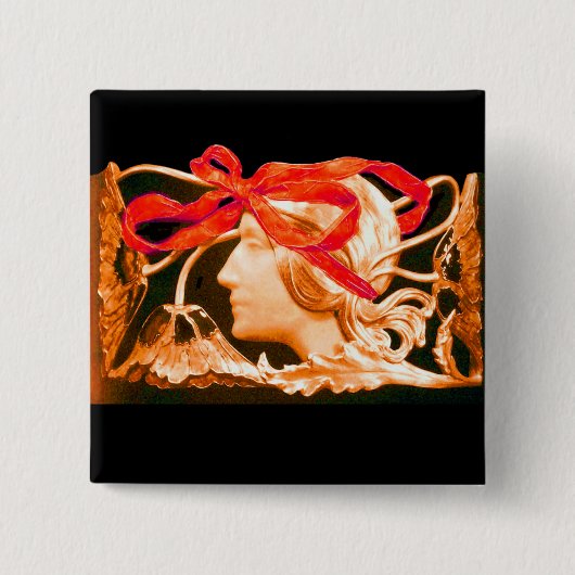 ELEGANTE SCHOONHEID / DAME MET RODE LINT EN BLOEME VIERKANTE BUTTON 5,1 CM (Voorkant)