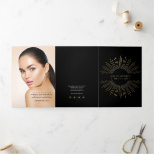 Elegante Schoonheid Goud Zonneburst Zwart Brochure Drieluik Kaart