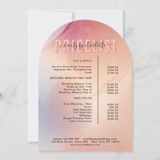 Elegante schoonheidssalon boog service prijslijst kaart (Achterkant)