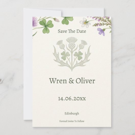 Elegante Schotse Distel Klaver Save the Date Ca (Voorkant)