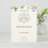 Elegante Schotse Distel Klaver Save the Date Ca (Staand voorkant)