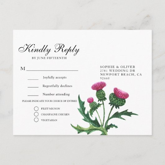 Elegante Schotse Distel Trouwmaaltijd Keuze RSVP Uitnodiging Briefkaart (Achterkant)