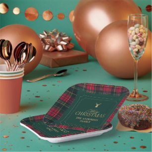 Elegante Schotse Plaid Kerstmis Familienaam Papieren Bordje