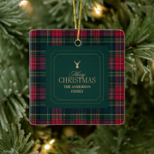 Elegante Schotse Plaid Prettig Kerstmis Familienaa Keramisch Ornament