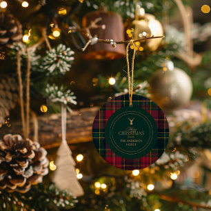 Elegante Schotse Plaid Prettig Kerstmis Familienaa Keramisch Ornament