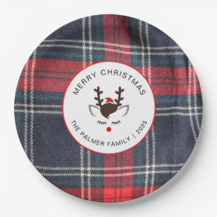 Elegante Schotse Plaid & Rendier Kerst Familie Papieren Bordje