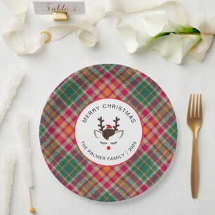 Elegante Schotse Plaid & Rendier Kerst Familie Papieren Bordje