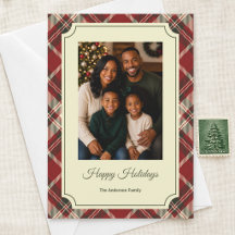 Elegante Schotse ruit gepersonaliseerde kerstfoto