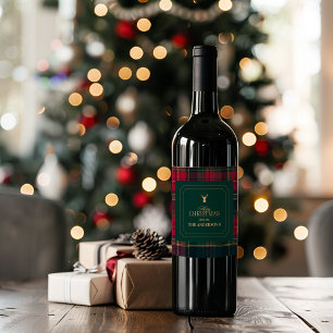 Elegante Schotse ruit Prettig kerst familienaam Wijn Etiket