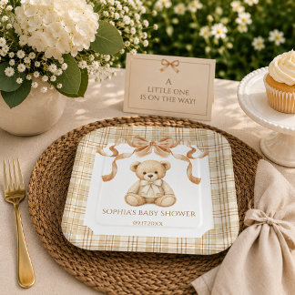 Elegante Schotse Teddybeer Neutrale Baby Shower Papieren Bordje