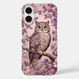 Elegante Scops Uil Paarse Bloemen iPhone 16 Hoesje