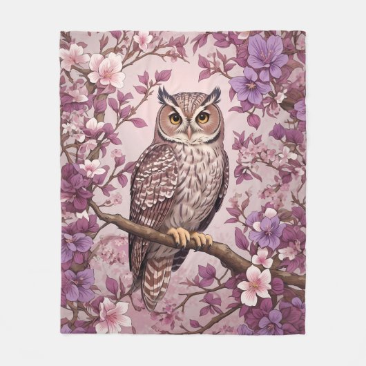 Elegante Scops Uil Paarse Bloemen Fleece Deken (Voorkant)