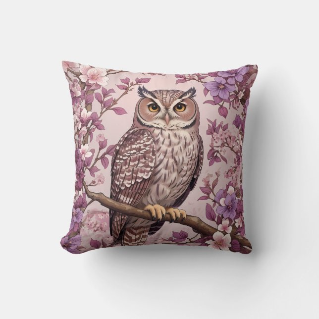 Elegante Scops Uil Paarse Bloemen Kussen (Voorkant)