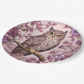 Elegante Scops Uil Paarse Bloemen Papieren Bordje (Gekanteld)