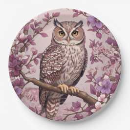 Elegante Scops Uil Paarse Bloemen Papieren Bordje