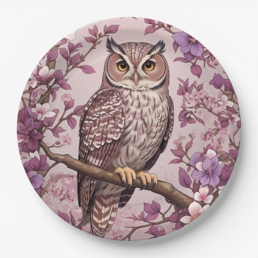 Elegante Scops Uil Paarse Bloemen Papieren Bordje (Voorkant)
