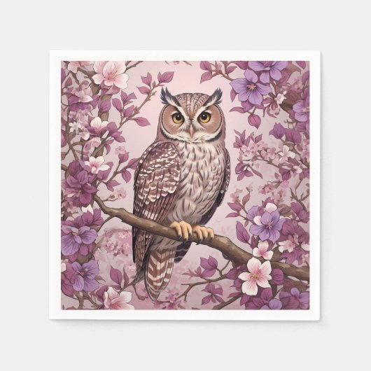 Elegante Scops Uil Paarse Bloemen Servet (Voorkant)