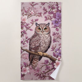 Elegante Scops Uil Paarse Bloemen Strandlaken