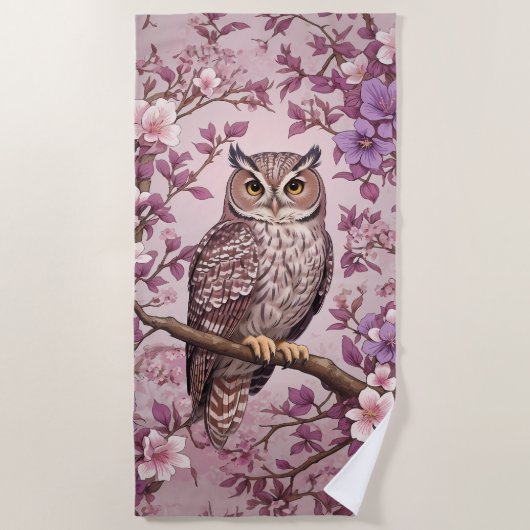 Elegante Scops Uil Paarse Bloemen Strandlaken (Voorkant)