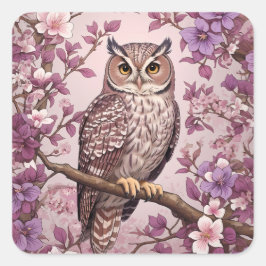 Elegante Scops Uil Paarse Bloemen Vierkante Sticker