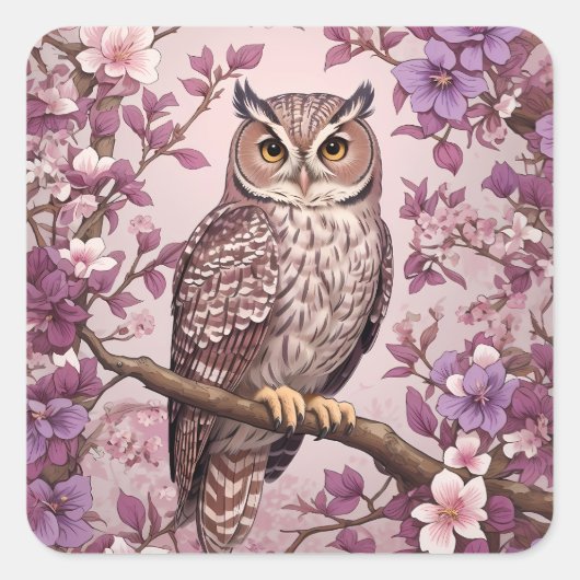 Elegante Scops Uil Paarse Bloemen Vierkante Sticker (Voorkant)