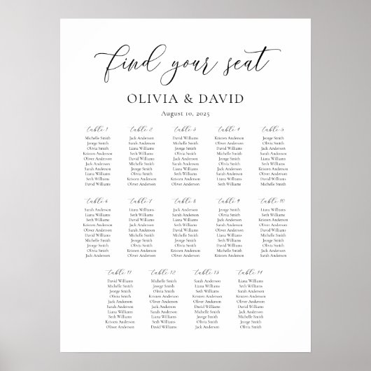 Elegante script 14 tafels zitplaatsenkaart poster (Voorkant)