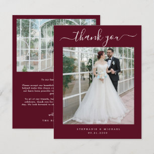 Elegante Script 2 Foto Huwelijk Burgundy Bedankkaart