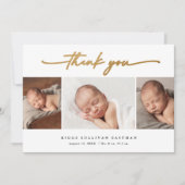 Elegante Script 3 Foto Collage Baby Bedankkaart (Voorkant)