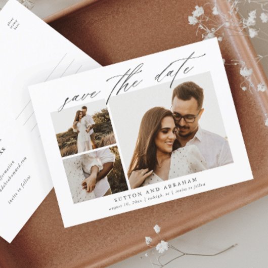 Elegante Script 3 Foto Huwelijk Save the Date Aankondigingskaart