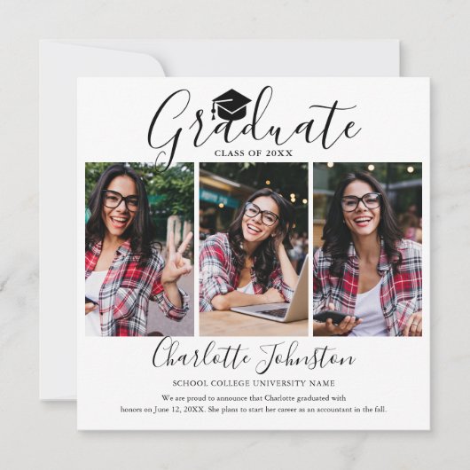 Elegante Script 4 Foto Afstudeer Uitnodiging (Voorkant)