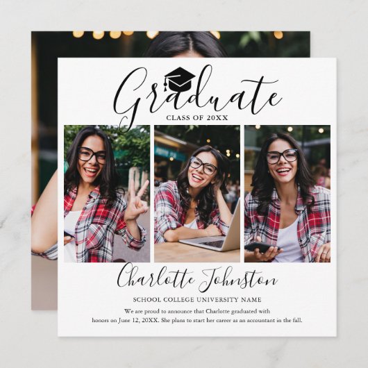 Elegante Script 4 Foto Afstudeersa Invitatie Kaart (Voorkant / Achterkant)