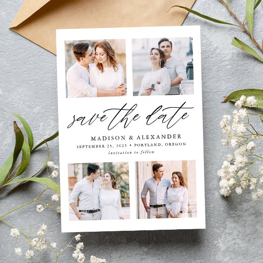 Elegante Script 4 Foto Collage Save The Date