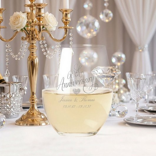 Elegante script 60e diamanten bruiloft wijnglas zonder voet