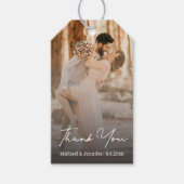Elegante script aangepaste foto bruiloft bedank ca cadeaulabel (Voorkant)