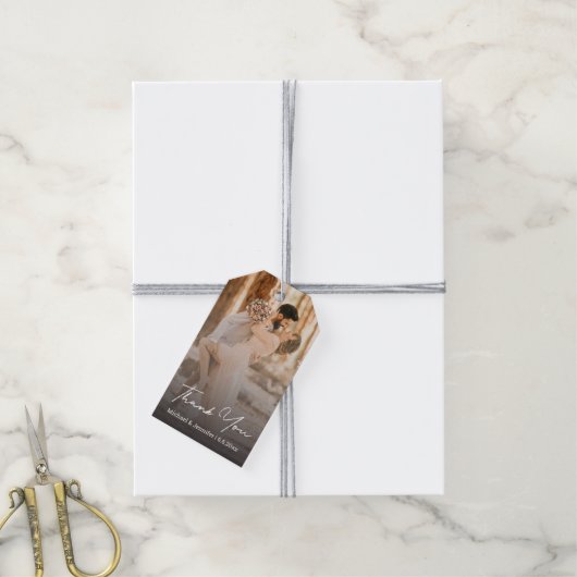 Elegante script aangepaste foto bruiloft bedank ca cadeaulabel (Met Touw)