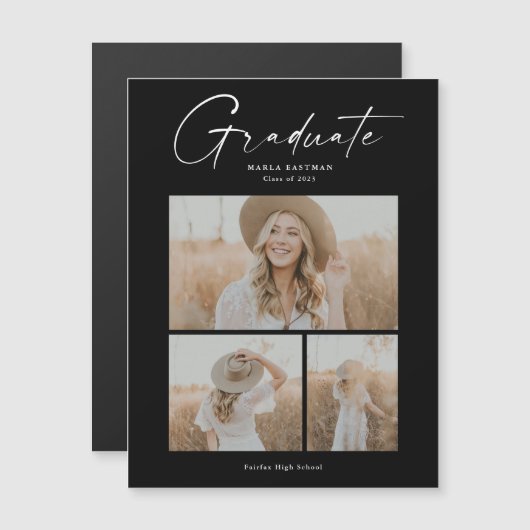 Elegante Script Afgestudeerde Fotocollage Afstudee Magnetische Uitnodiging (Voorkant / Achterkant)