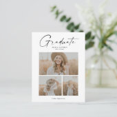 Elegante Script Afgestudeerde Fotocollage Afstuder Uitnodiging Briefkaart (Staand voorkant)