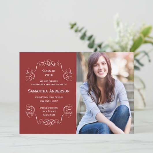 Elegante script afstudeeraankondiging - Rood Aankondiging (Staand voorkant)