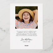 Elegante Script Afstudeerfoto Bedankkaart Folie Uitnodiging (Achterkant)
