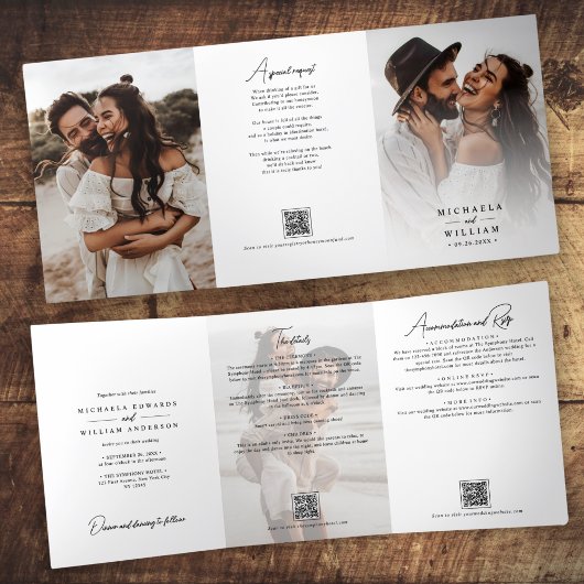 Elegante Script All-In-One QR-codes Huwelijk Drieluik Uitnodiging