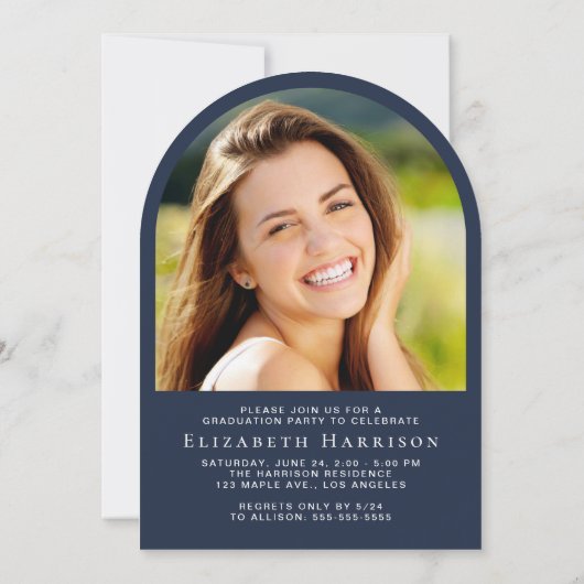 Elegante Script Arch Foto Blauw Afstudeerfeest Kaart (Achterkant)