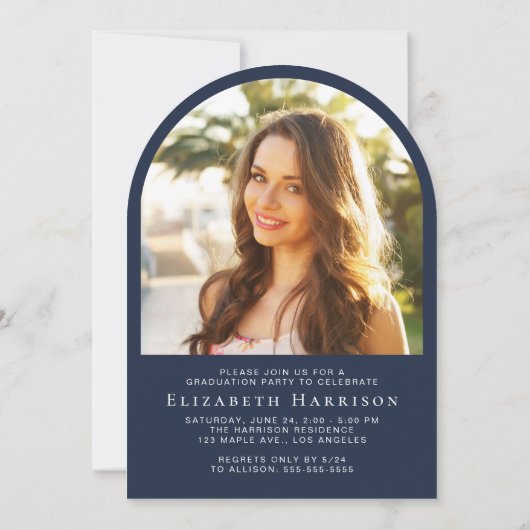 Elegante Script Arch Foto Blauw Afstudeerfeest Kaart (Achterkant)