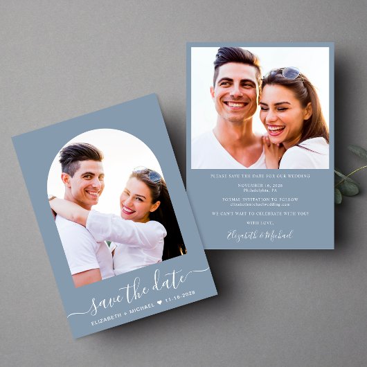 Elegante Script Arch Foto Dusty Blue Wedding Save The Date